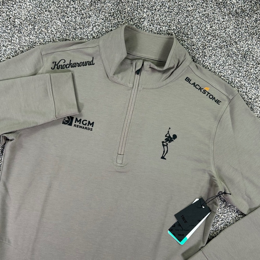 TRUE Linkswear All Day Quarter Zip Mens Medium Taupe Golf Pullover Sponser Logos